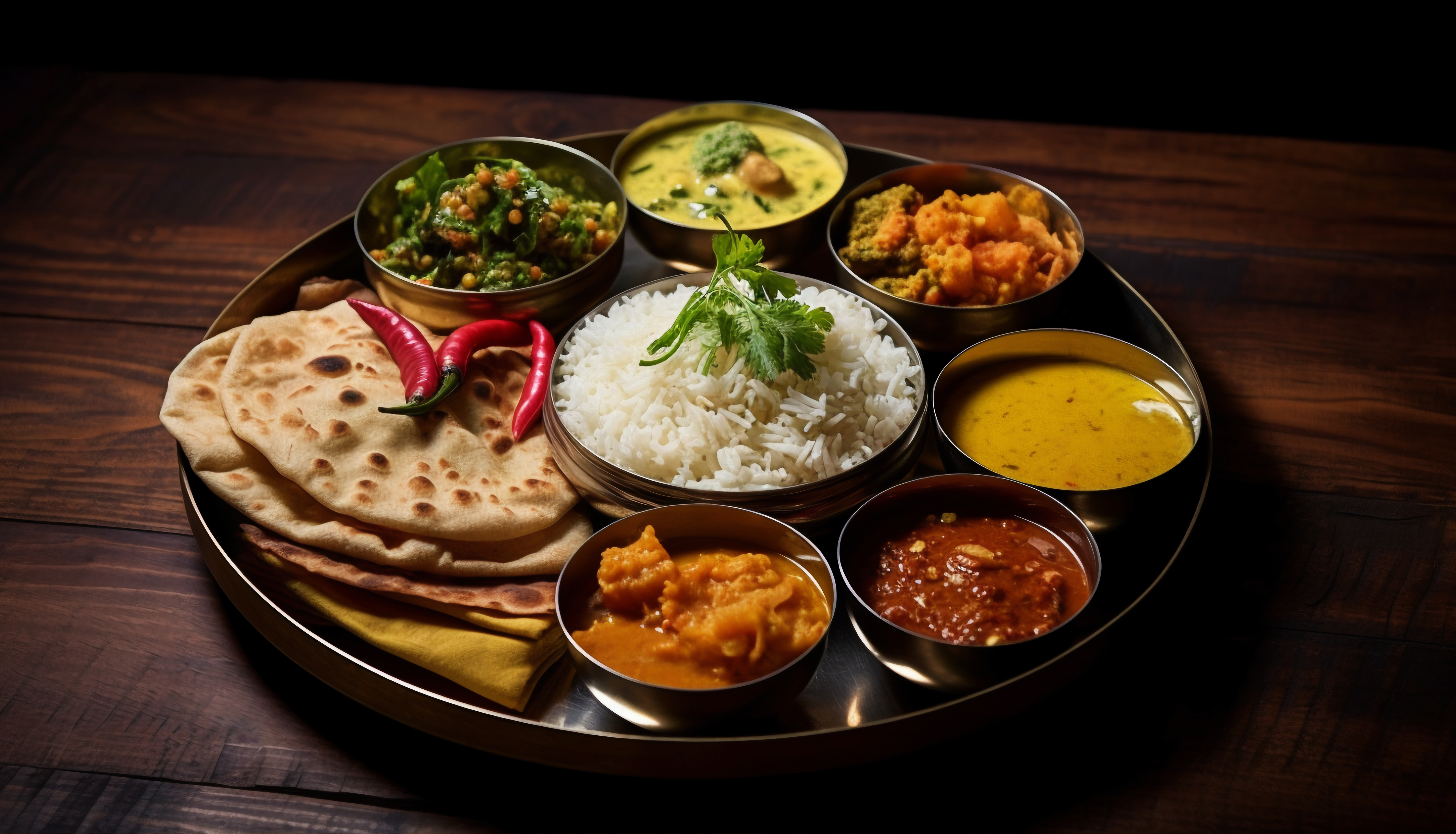 North Indian Thali with roti, rice, dal and paneer curry